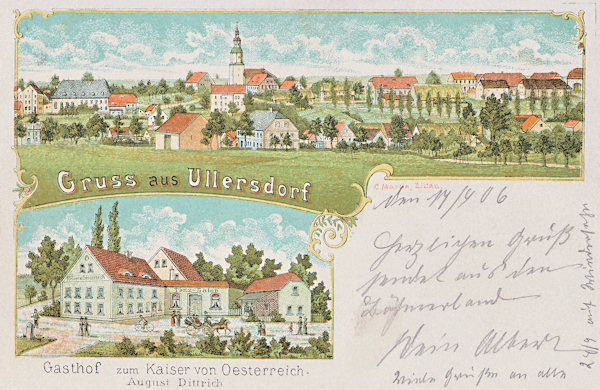 On a postcard from the beginning of the 20th century, above is a general view of the village, which today is divided by the state border. In the foreground is the Czech Oldřichov and in the background the Polish Kopaczów with the church of St. Joseph. The lower picture shows the former Inn At the Emperor of Austria.