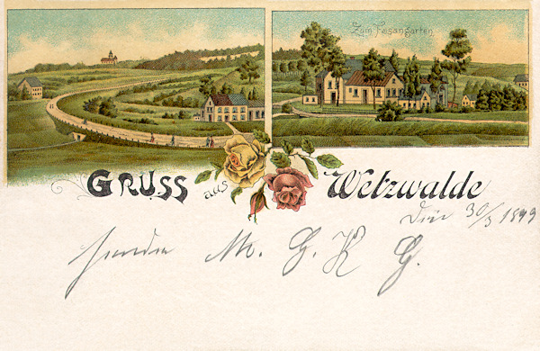 Na pohlednici z konce 19. století vidíme oblouk silnice u dnešní Václavické přehrady s Grabštejnem v pozadí. V přestavěné budově tehdejšího hostince „Bažantnice“ dnes sídlí ředitelství Pískoven Hrádek.