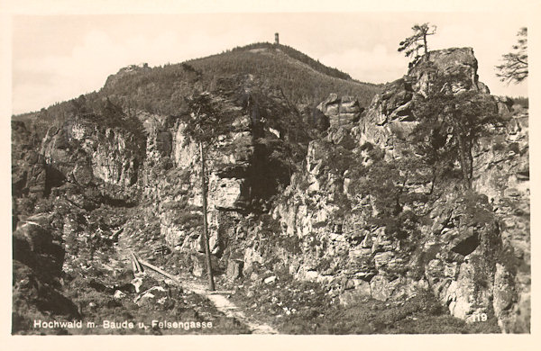 Na této pohlednici vidíme skalní průrvu Grosse Felsengasse na hřebeni Brandhöhe. V pozadí vyčnívá Hvozd s rozhlednou.
