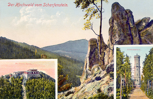 Tato pohlednice ukazuje výhled od skalního ostrohu Scharfensteinu na pohraniční horu Hvozd s rozhlednou a chatami, vyobrazenými na menších obrázcích dole.