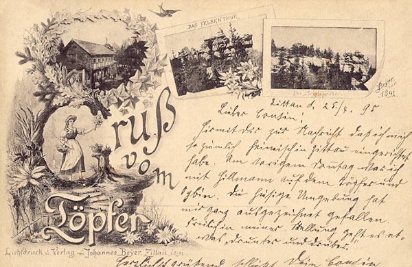 Na pohlednici z roku 1891 vidíme starou chatu na Töpferu, Skalní bránu a skalní útvar Želva (Schildkröte).