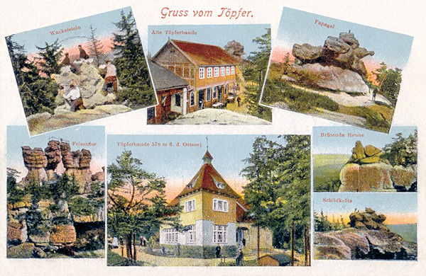 Pohlednice z roku 1920 představuje vrch Töpfer s chatou a nejzajímavějšími skalními útvary. Nahoře vidíme starou chatu z roku 1860, kamenný viklan (vlevo) a skalní útvar, zvaný Papoušek (Papagei, vpravo). Na obrázcích dole je nová chata, vlevo od ní je Skalní brána a vpravo útvary Slepice na vejcích (Brütende Henne) a Želva (Schildkröte).