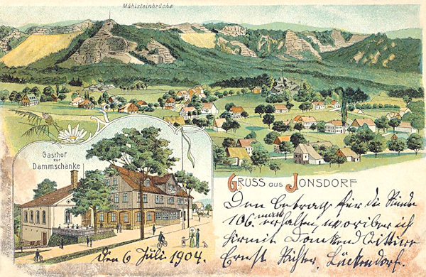 On this postcard from 1904 there is the centre of the village with the rocks of the Mühlsteinbrüche (=Millstone-quarries) in the background. Lower left the Dammschänke-inn.