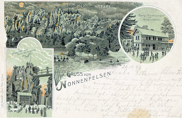 This postcard from 1899 shows the rocks of the Nonnenfelsen with the restaurant and the viewpoint.