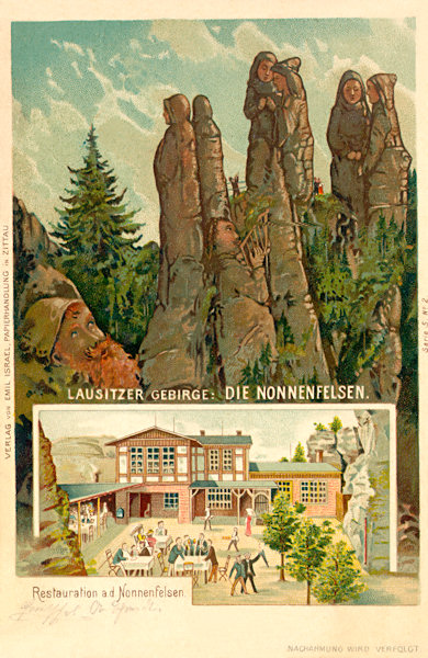 Diese Ansichtskarte vom Anfange des 20. Jahrhunderts stellt die Felsgruppe der Nonnenfelsen als eine Szene aus der lokalen Sage von den versteinerten Nonnen dar. Auf dem unteren Bild befindet sich die lokale Gaststätte.