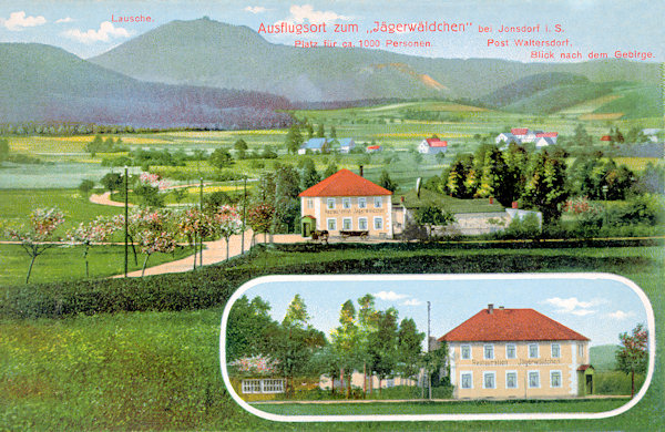 Tato pohlednice představuje výletní restauraci „Myslivecký lesík“, která dodnes stojí na křižovatce silnic mezi Bertsdorfem a Waltersdorfem. V pozadí je hora Luž.