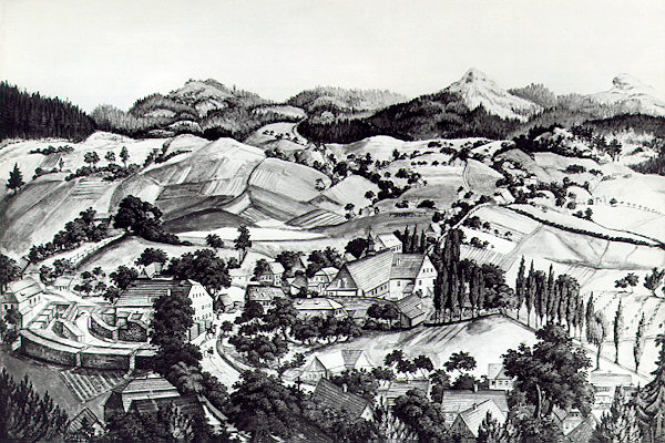 Blick vom Norden auf die Glashütte in Horní Chřibská /Ober Kreibitz/. Guasch aus dem Anfang des 19. Jahrhunderts.