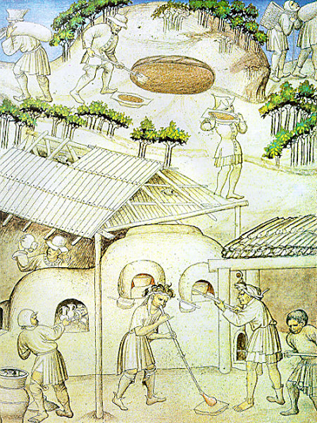 Blick auf die mittelalterliche Glashütte. Illumination aus der Reisebeschreibung von Mandeville, Böhmen vor 1420 (London British Library).