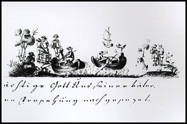 Zeichnung eines Glasgeschäftes. Stadturkunde von Nový Bor /Haida/ aus dem Ende des 18. Jahrhunderts (Bezirksarchiv Česká Lípa).