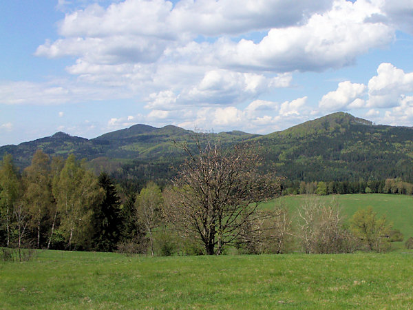 Lesy dosud pokrývají větší část Lužických hor. Pohled přes údolí Kamenice na Zlatý vrch, Studenec, Javorek a Javor.