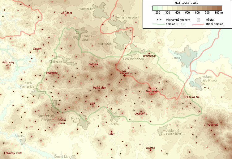 Mapa reliéfu Lužických a Žitavských hor.