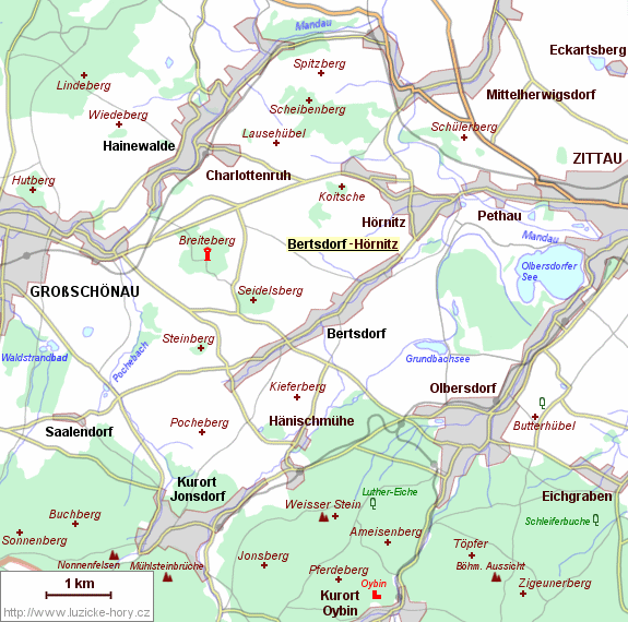 Přehledná mapka okolí Bertsdorf-Hörnitz.