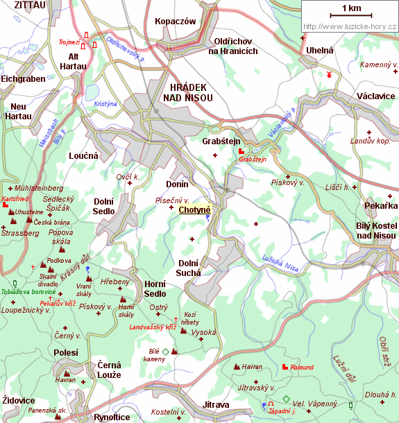 Übersichtskarte der Umgebung von Chotyně.