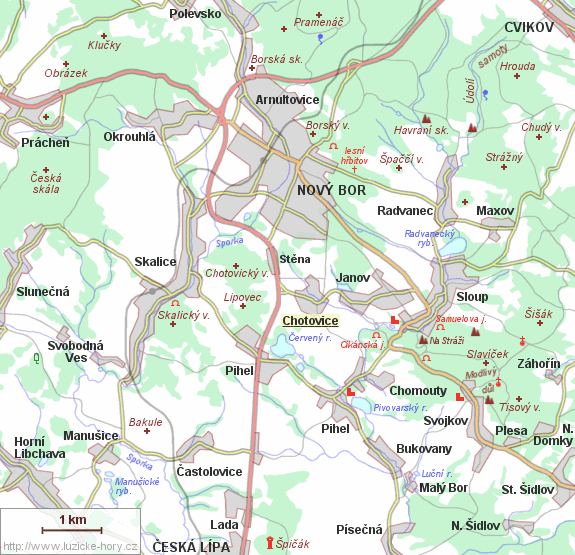 Übersichtskarte der Umgebung von Chotovice.