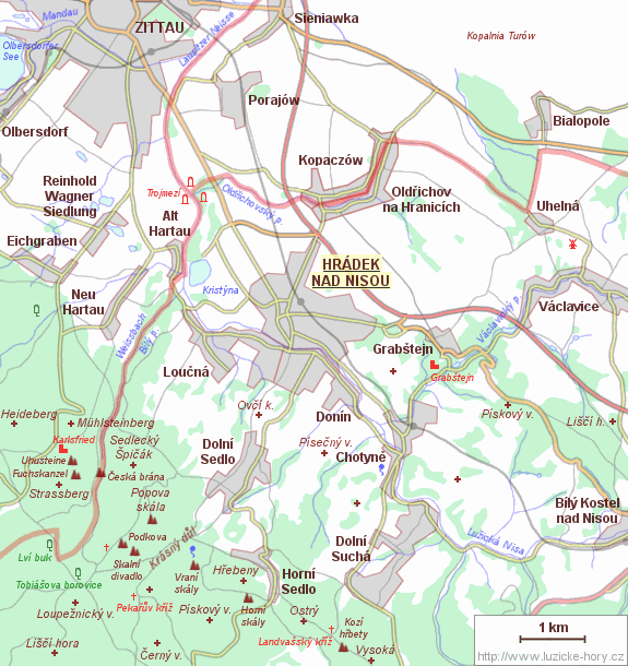 Přehledná mapka okolí Hrádku nad Nisou.