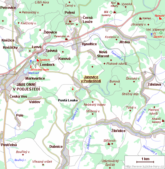 Übersichtskarte der Umgebung von Janovice v Podještědí.