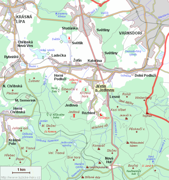 Übersichtskarte der Umgebung von Jiřetín pod Jedlovou.