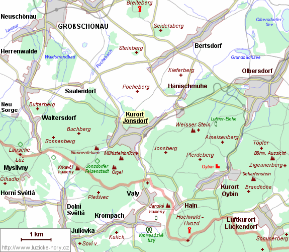 Přehledná mapka okolí Jonsdorfu.