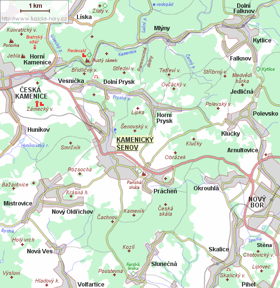 Přehledná mapka okolí Kamenického Šenova.