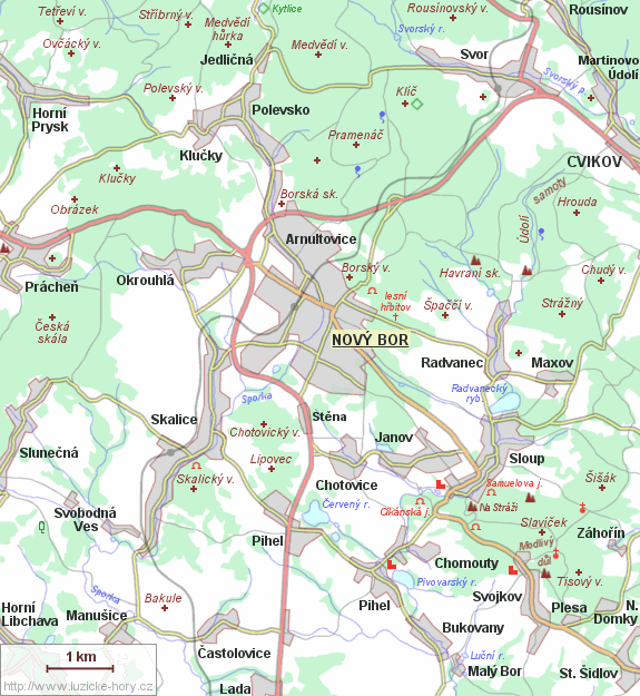 Übersichtskarte der Umgebung von Nový Bor.