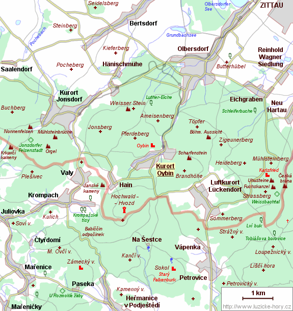 Přehledná mapka okolí Oybinu.