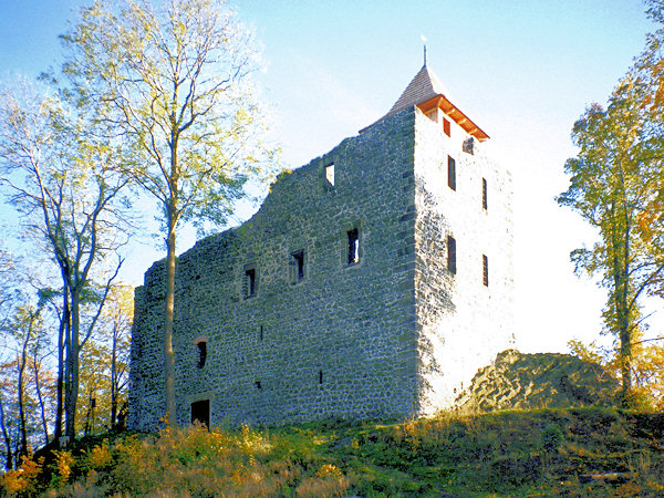 Kamenický hrad (Burg Kempnitz), Burgpalast mit dem hineingebauten Aussichtsturm.