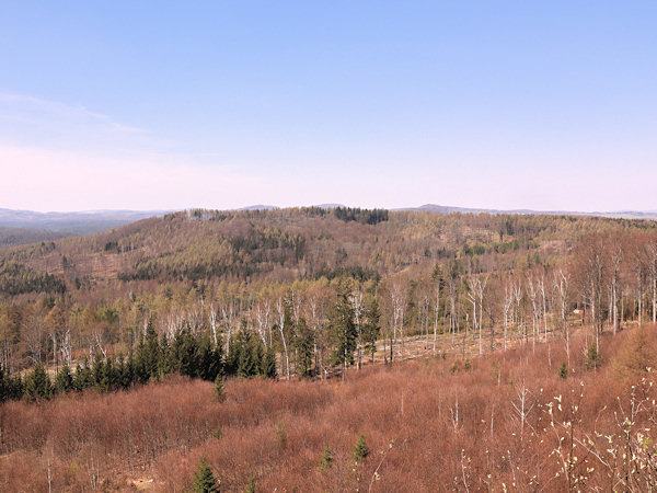 Blick auf den flachen Gipfel des Vápenný vrch (Kalkofenberg) vom Aussichtspunkt auf dem benachbarten Široký vrch (Steingeschütte).