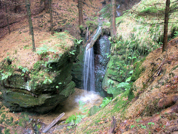 Vodopád na jednom z lesních potůčků na jižním svahu údolí.